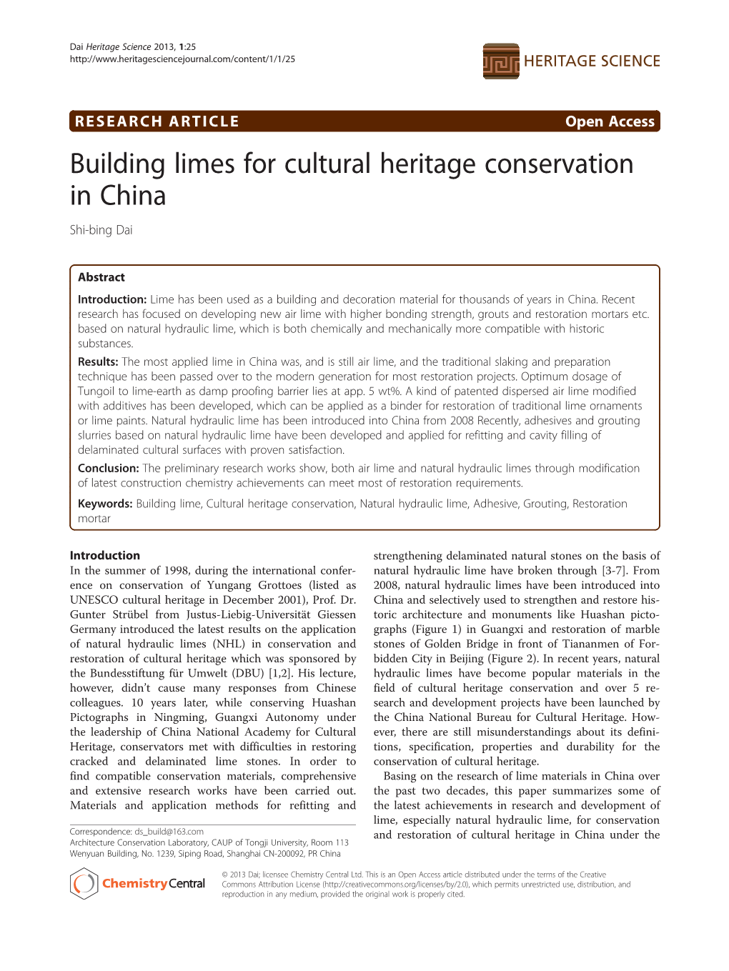 Building Limes for Cultural Heritage Conservation in China Shi-Bing Dai