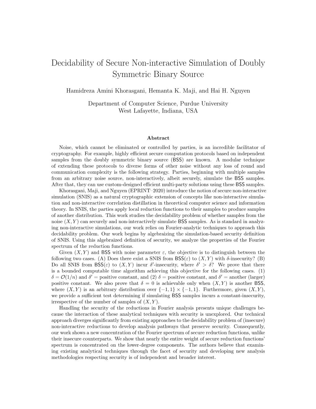 Decidability of Secure Non-Interactive Simulation of Doubly Symmetric Binary Source