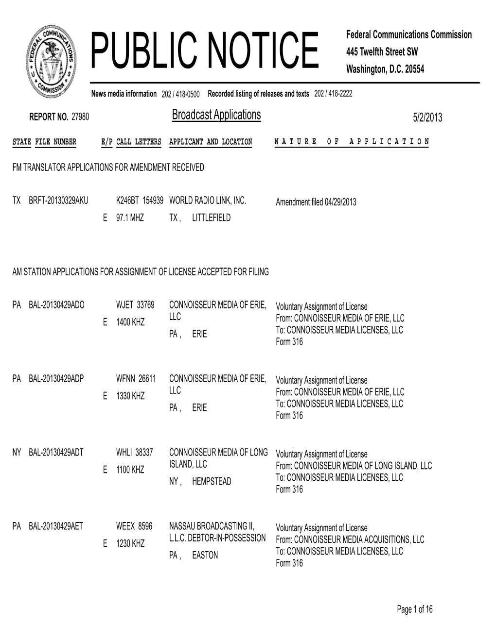 Broadcast Applications 5/2/2013