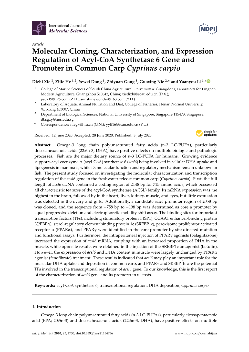 Molecular Cloning, Characterization, and Expression Regulation of Acyl-Coa Synthetase 6 Gene and Promoter in Common Carp Cyprinus Carpio