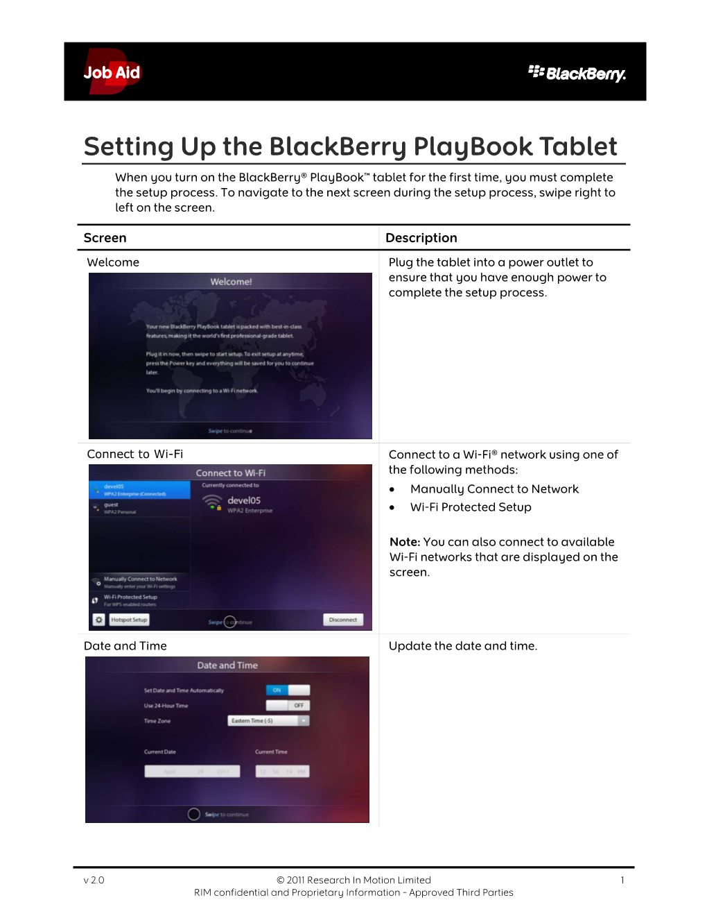 Setting up the Blackberry Playbook Tablet When You Turn on the Blackberry® Playbook™ Tablet for the First Time, You Must Complete the Setup Process