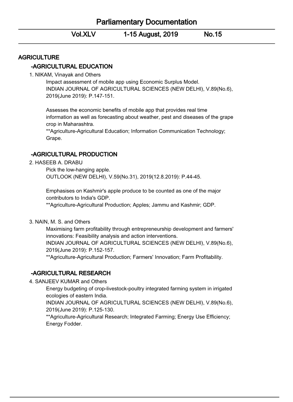 Parliamentary Documentation Vol.XLV 1-15 August, 2019 No.15