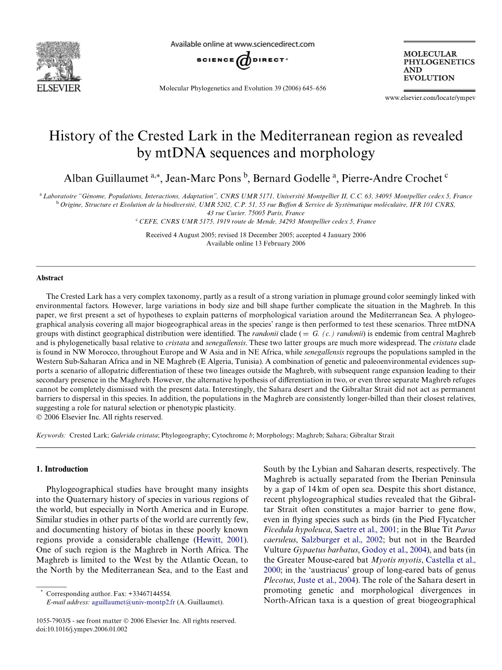 History of the Crested Lark in the Mediterranean Region As Revealed by Mtdna Sequences and Morphology