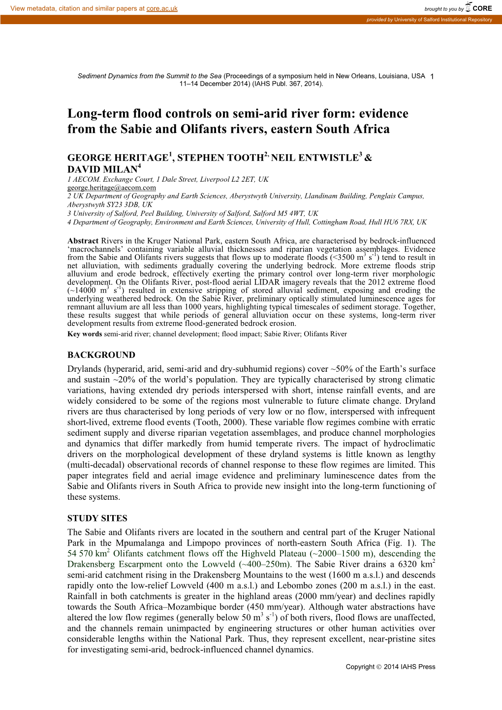 Evidence from the Sabie and Olifants Rivers, Eastern South Africa