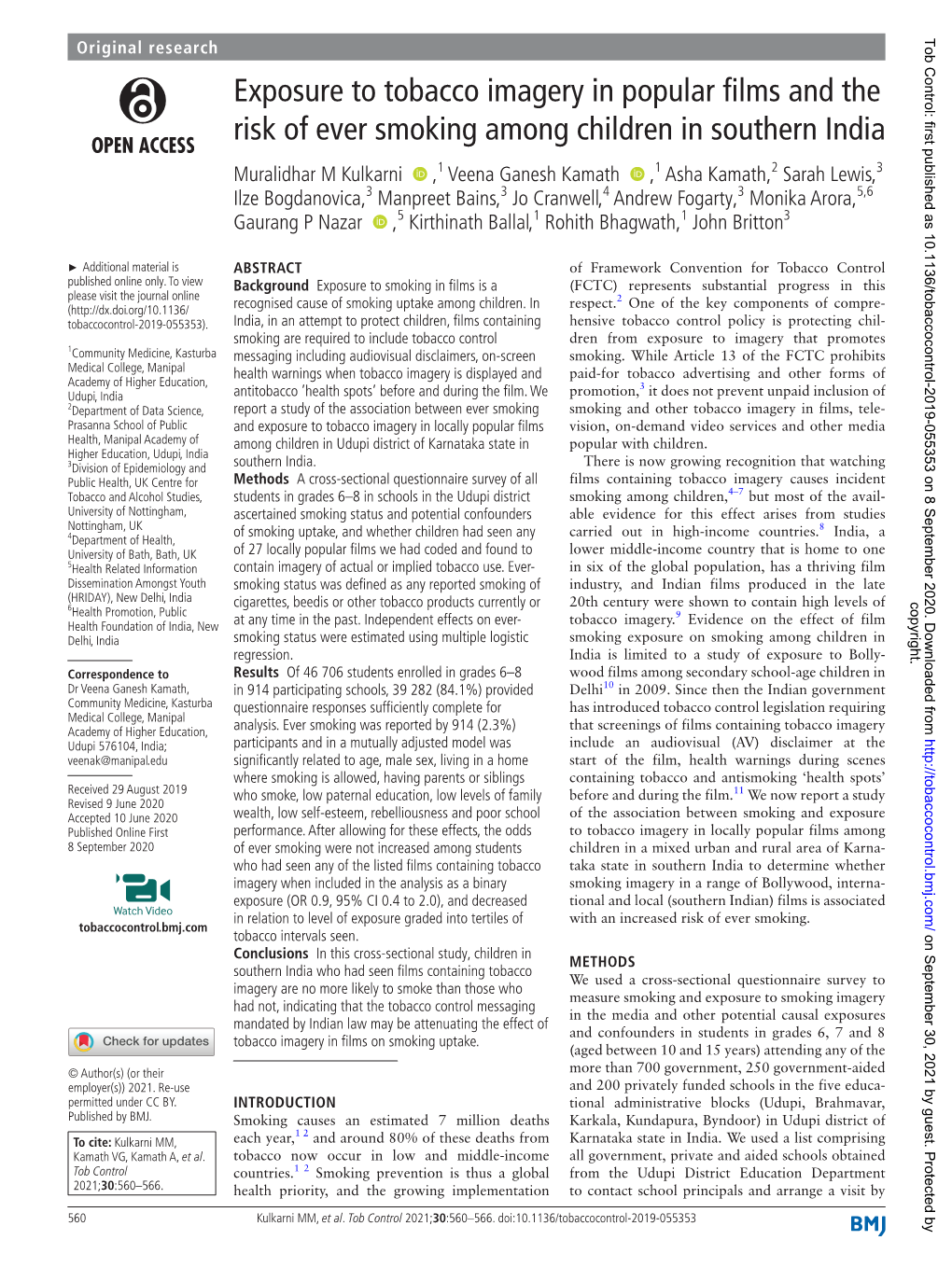 Exposure to Tobacco Imagery in Popular Films and the Risk of Ever