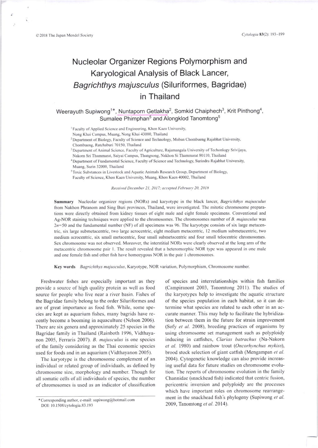 Nucleolar Organizer Regions Polymorphism and Karyological Analysis of Black Lancer, Bagrichthys Majusculus (Siluriformes, Bagridae) in Thailand