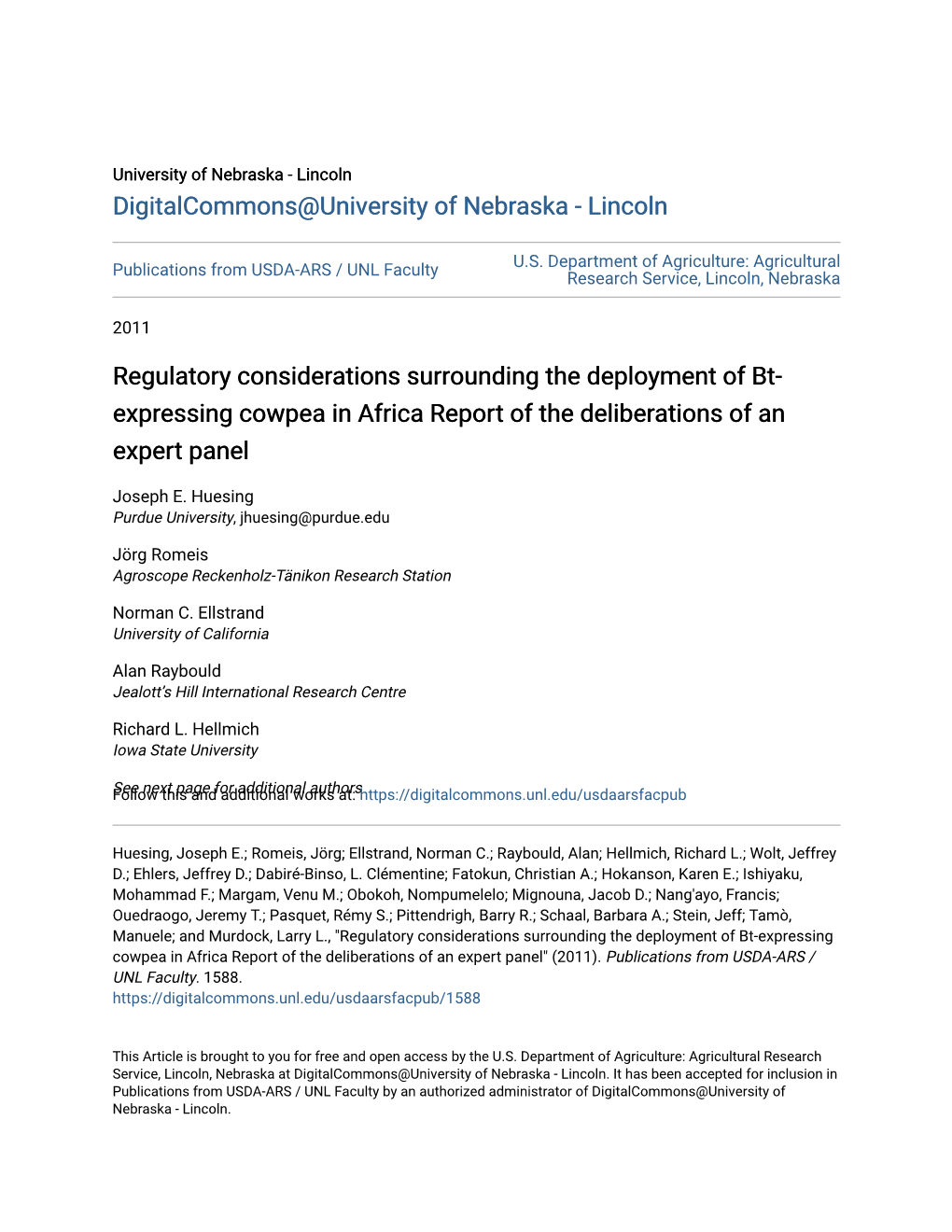 Regulatory Considerations Surrounding the Deployment of Bt-Expressing Cowpea in Africa Report of the Deliberations of an Expert Panel