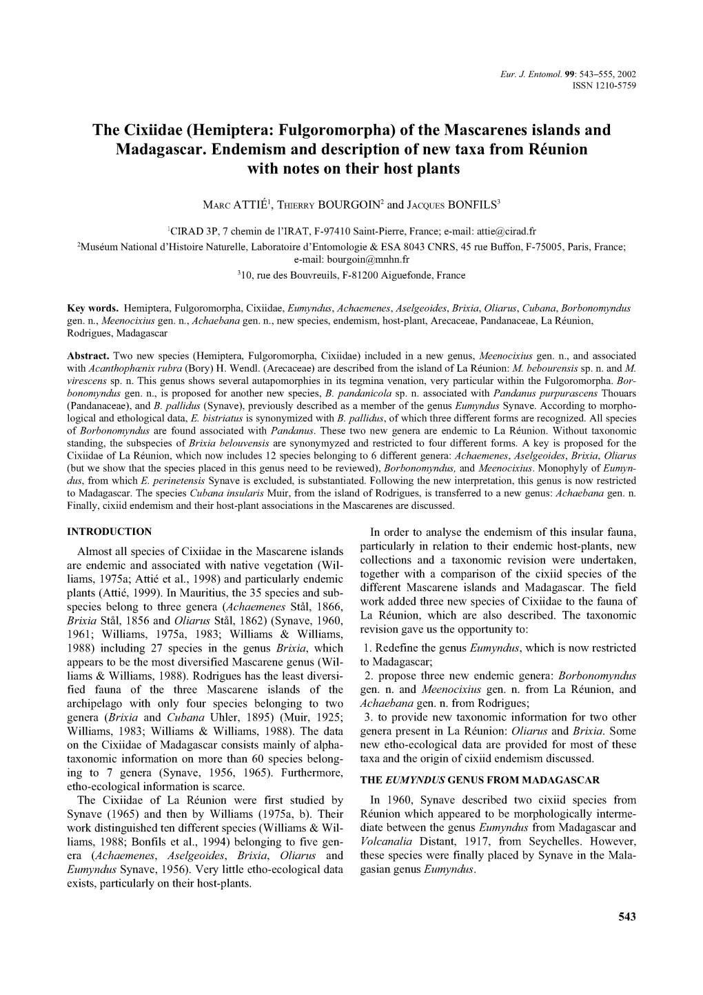 The Cixiidae (Hemiptera: Fulgoromorpha) of the Mascarenes Islands and Madagascar