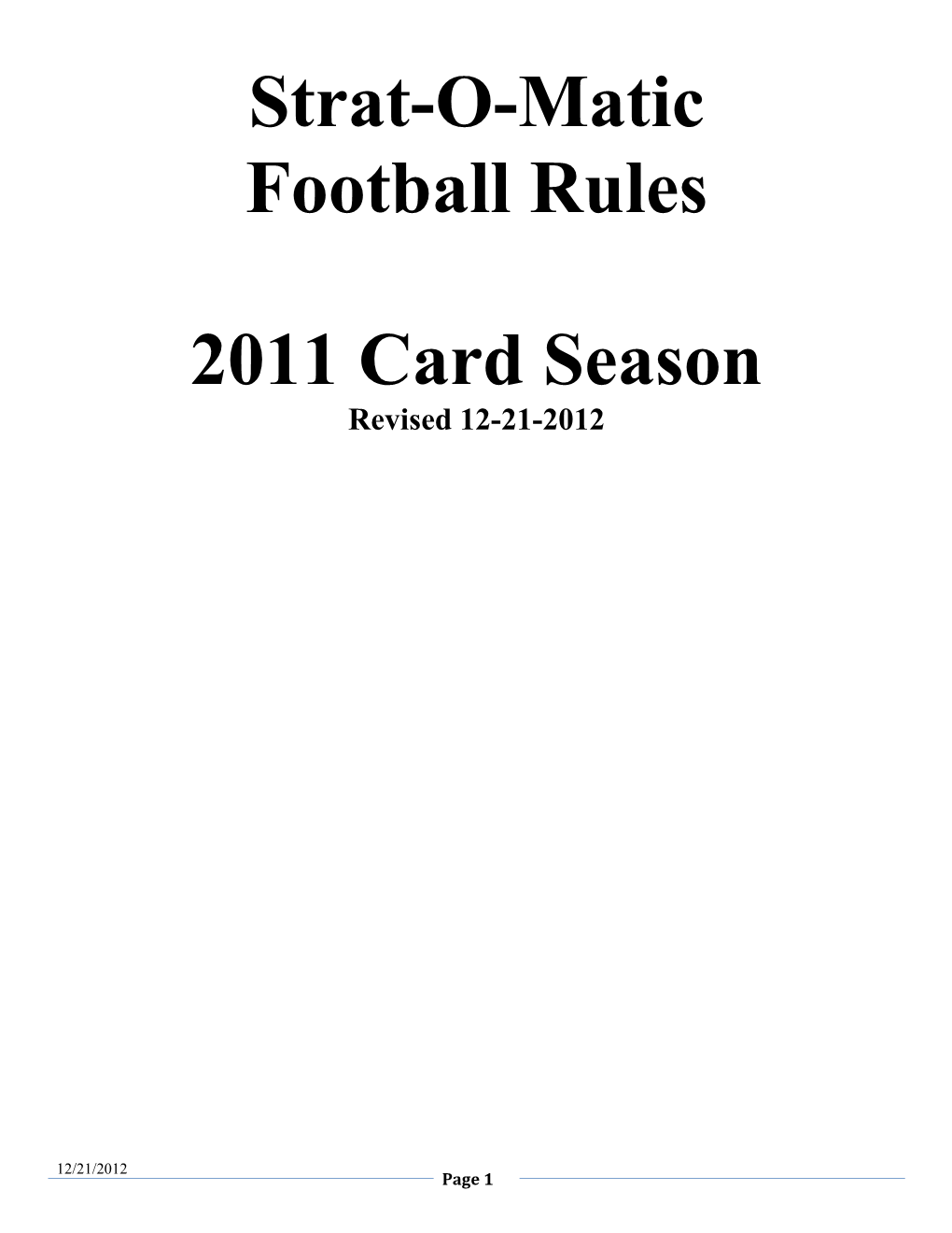 Strat-O-Matic Football Rules 2011 Card Season