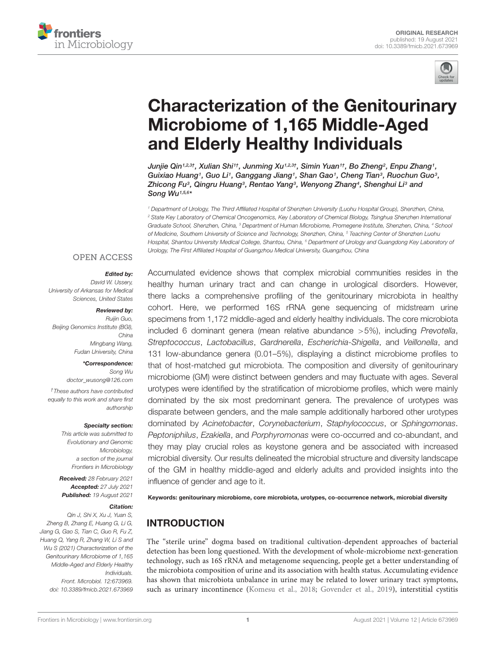 Characterization of the Genitourinary Microbiome of 1,165 Middle-Aged and Elderly Healthy Individuals