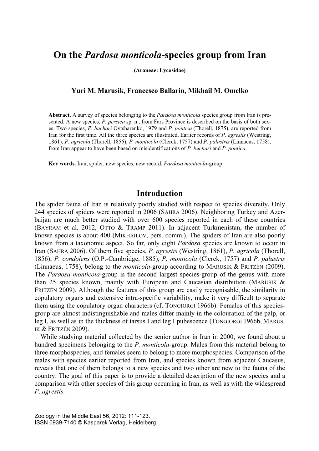 On the Pardosa Monticola-Species Group from Iran