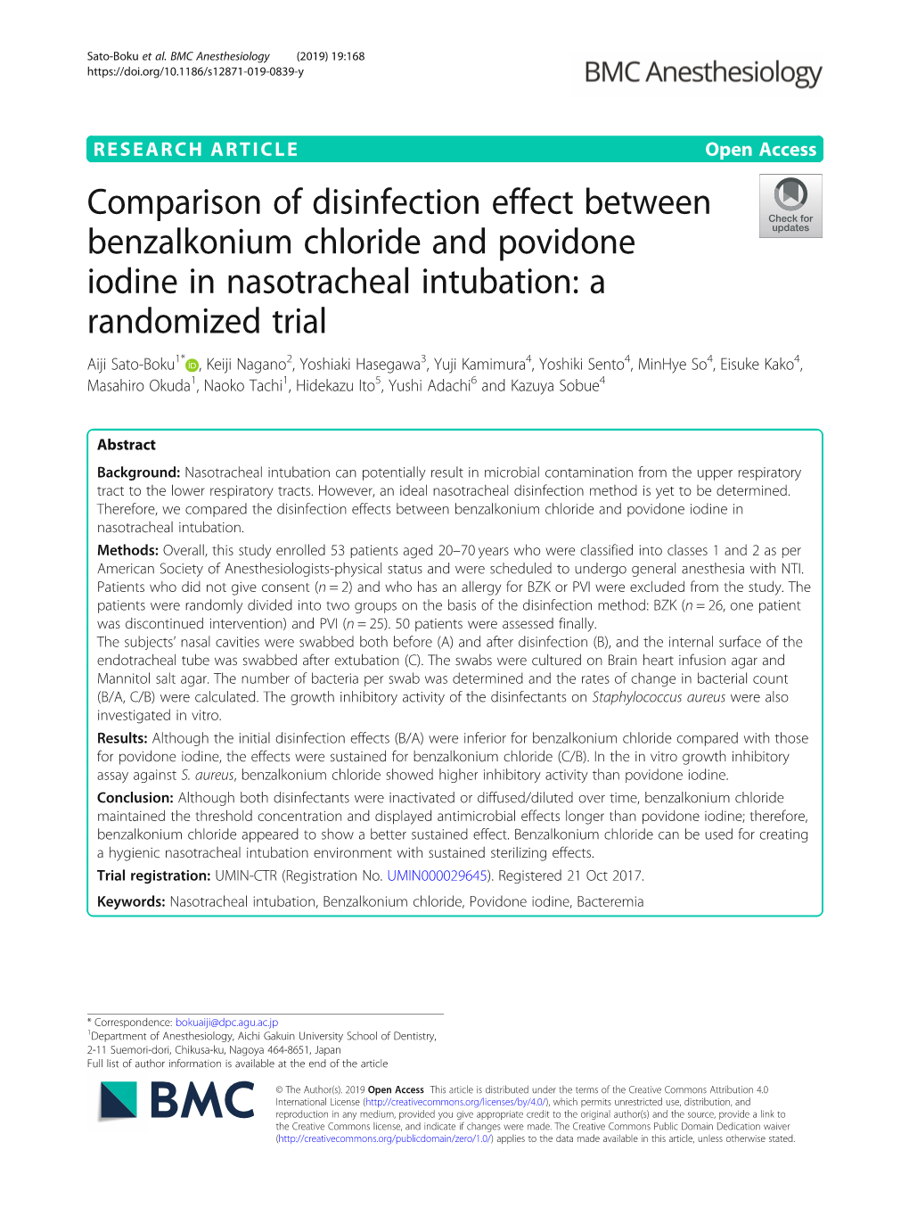 Comparison of Disinfection Effect Between Benzalkonium Chloride and Povidone Iodine in Nasotracheal Intubation