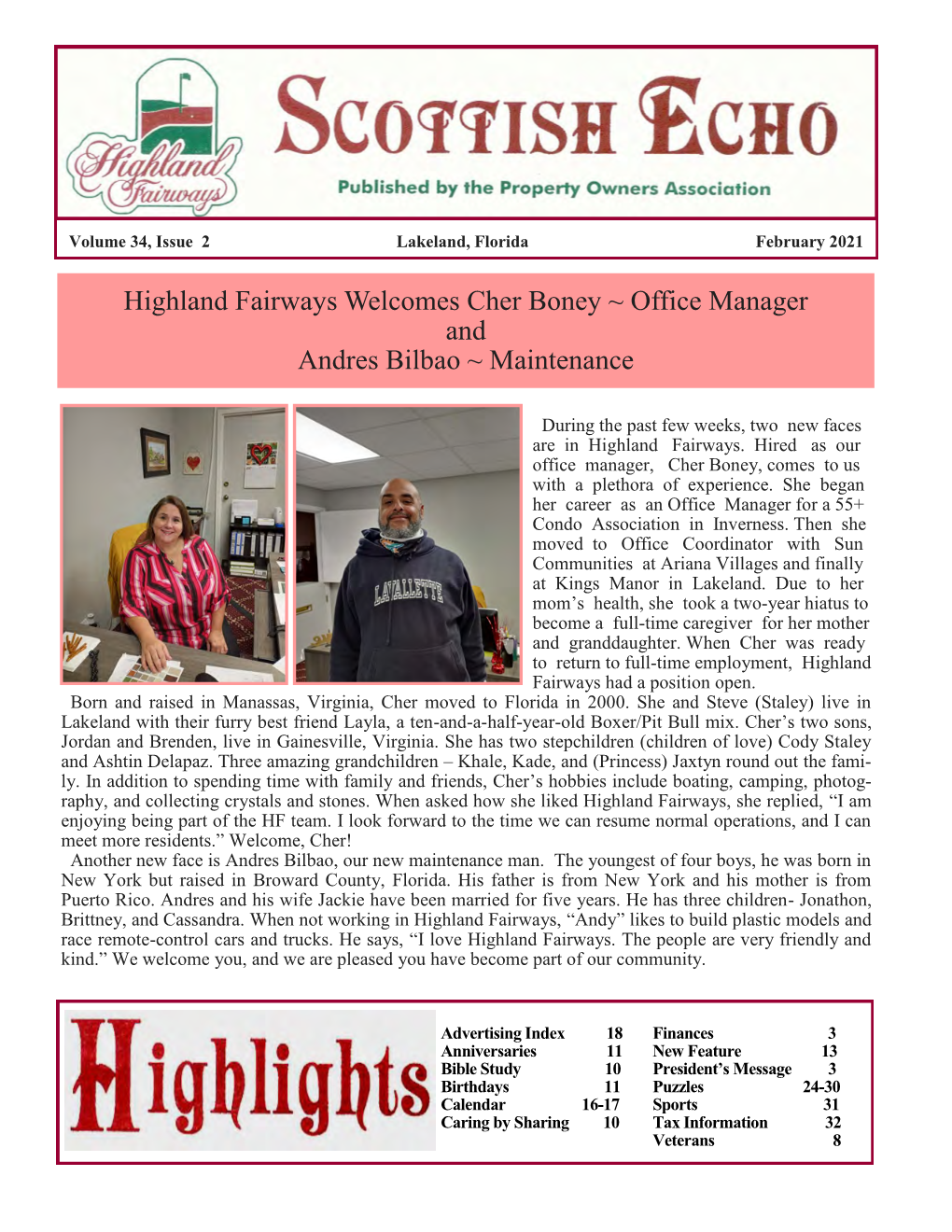 Highland Fairways Welcomes Cher Boney ~ Office Manager and Andres Bilbao ~ Maintenance