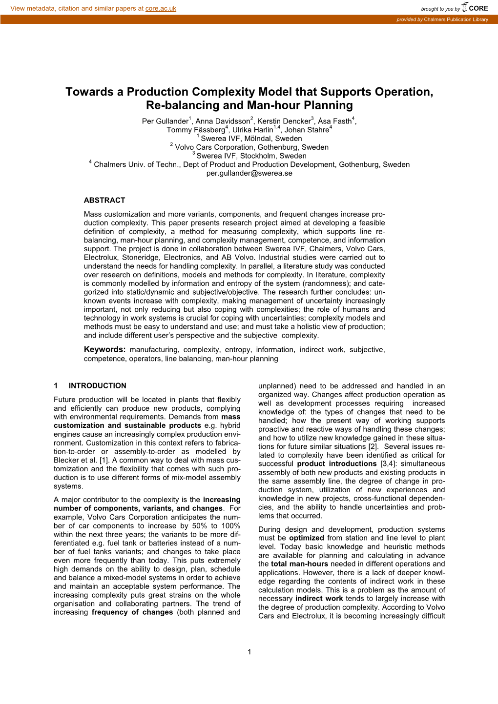 Towards a Production Complexity Model That Supports Operation, Re