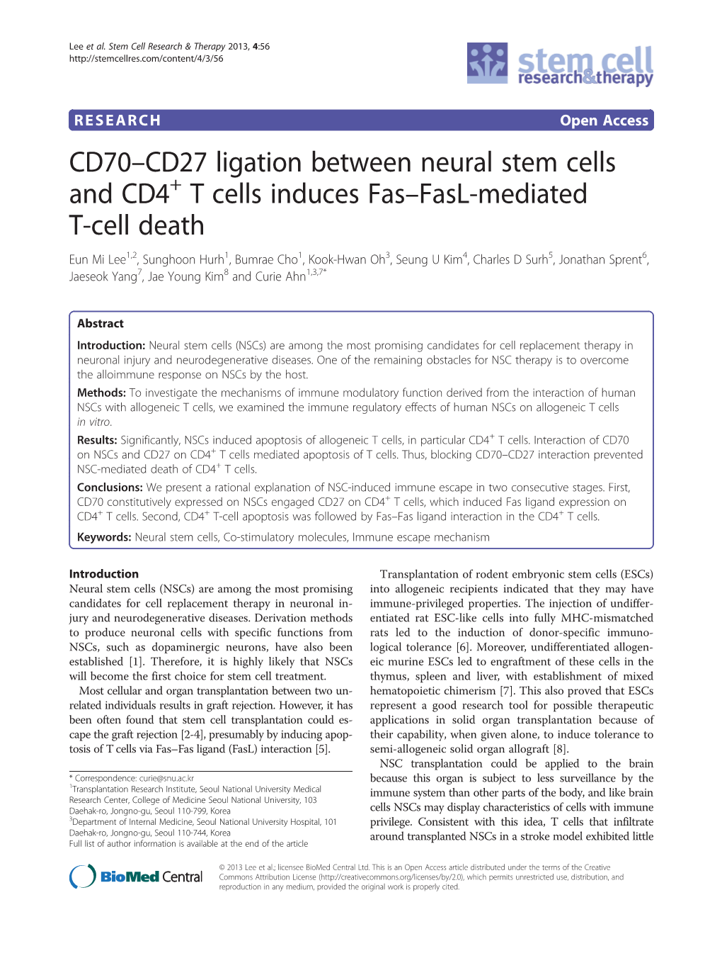 CD70 CD27 Ligation Between Neural Stem Cells and CD4+ T Cells