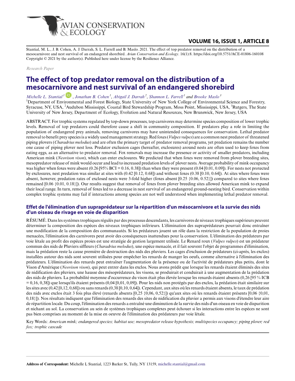 The Effect of Top Predator Removal on the Distribution of a Mesocarnivore and Nest Survival of an Endangered Shorebird