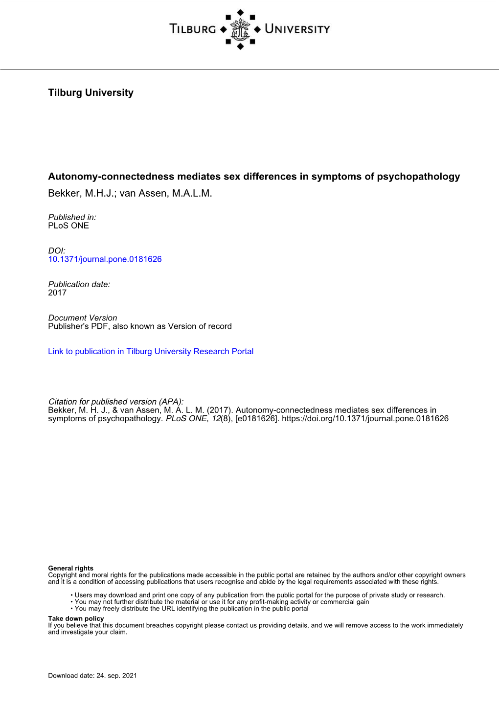 Autonomy-Connectedness Mediates Sex Differences in Symptoms of Psychopathology Bekker, M.H.J.; Van Assen, M.A.L.M