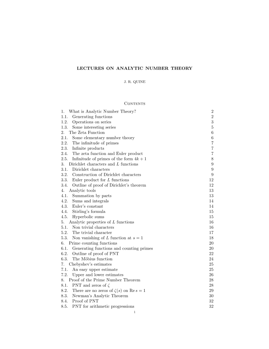 LECTURES on ANALYTIC NUMBER THEORY Contents 1. What Is Analytic Number Theory?