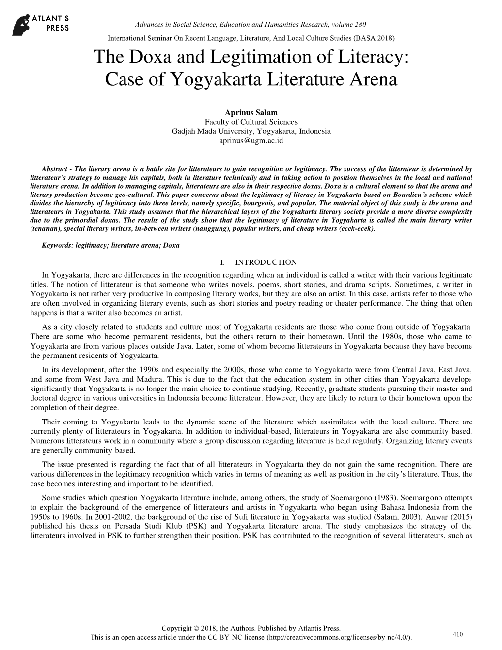 The Doxa and Legitimation of Literacy: Case of Yogyakarta Literature Arena