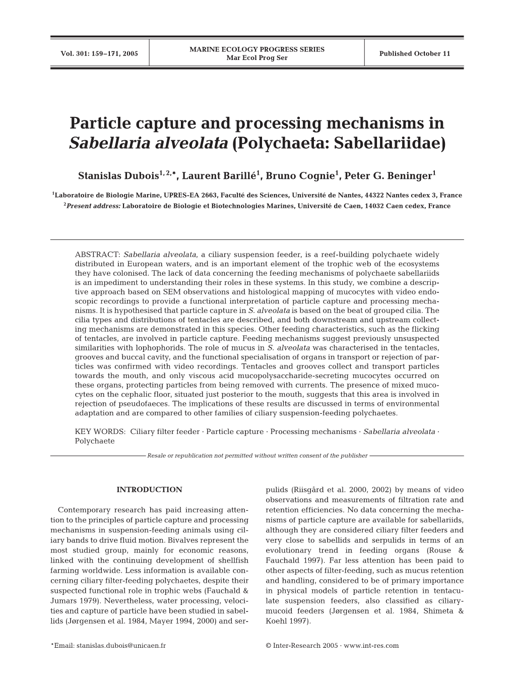 Particle Capture and Processing Mechanisms in Sabellaria Alveolata (Polychaeta: Sabellariidae)