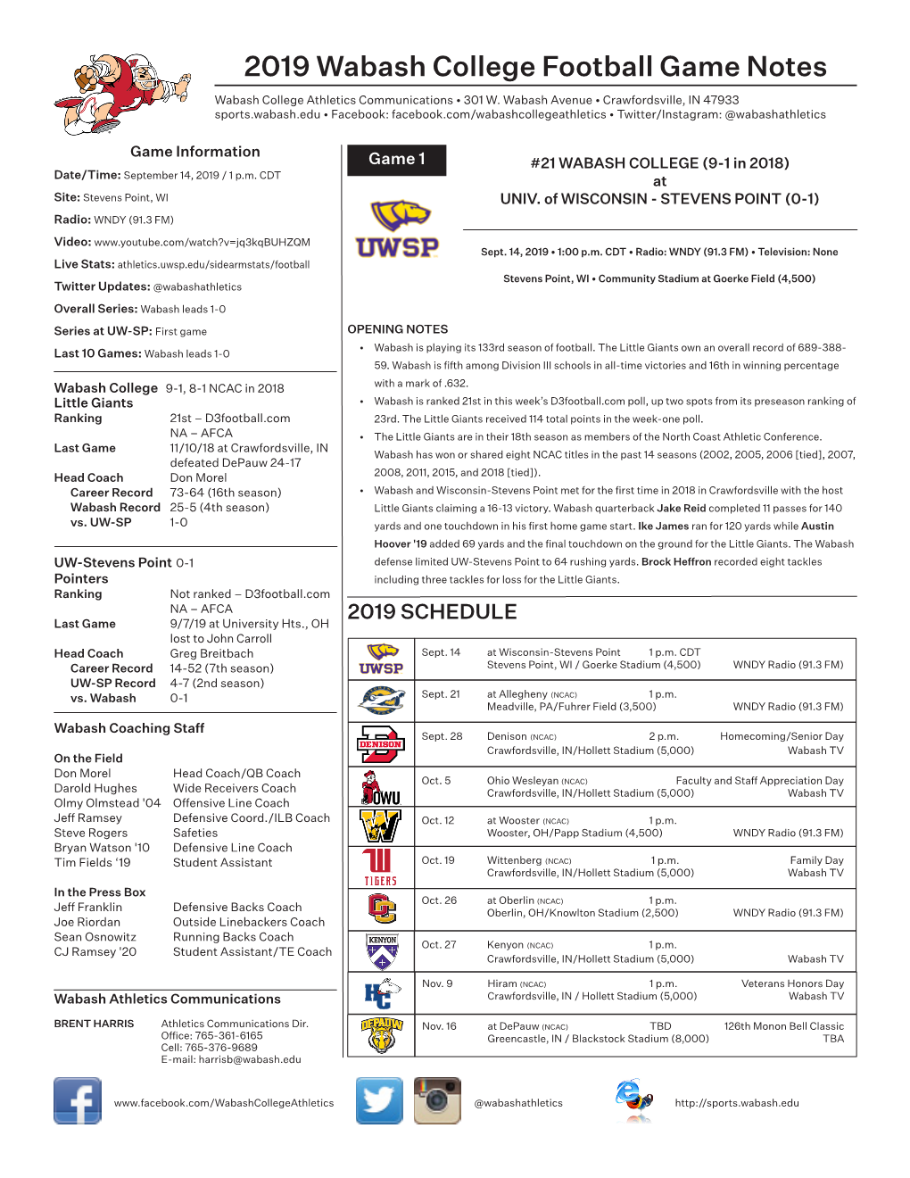 2019 Wabash College Football Game Notes