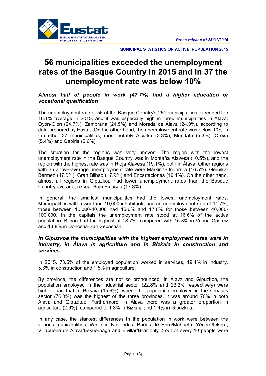 Municipal Statistics on Active Population 2015. 56