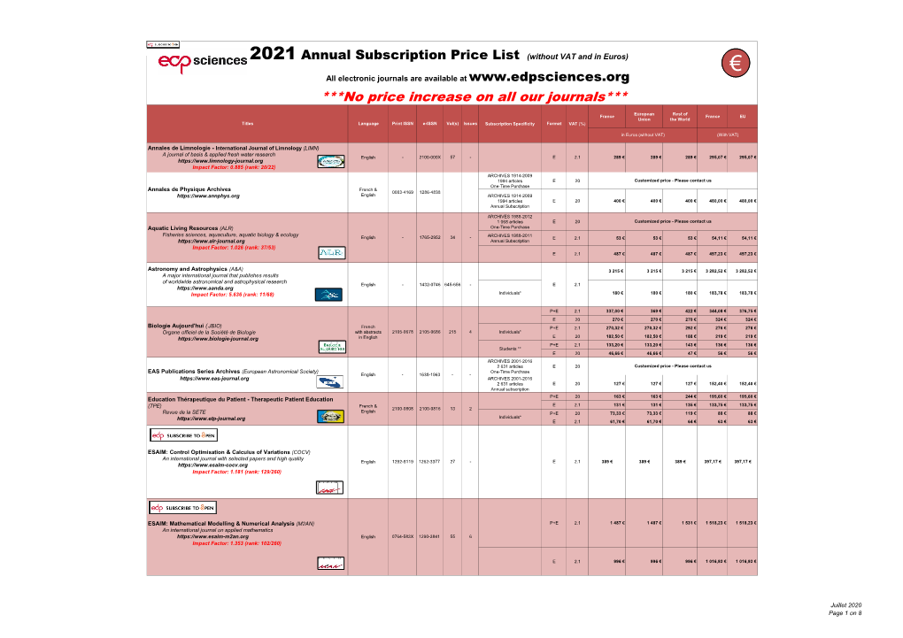 EDP Sciences 2021 Annual Subscription Price List