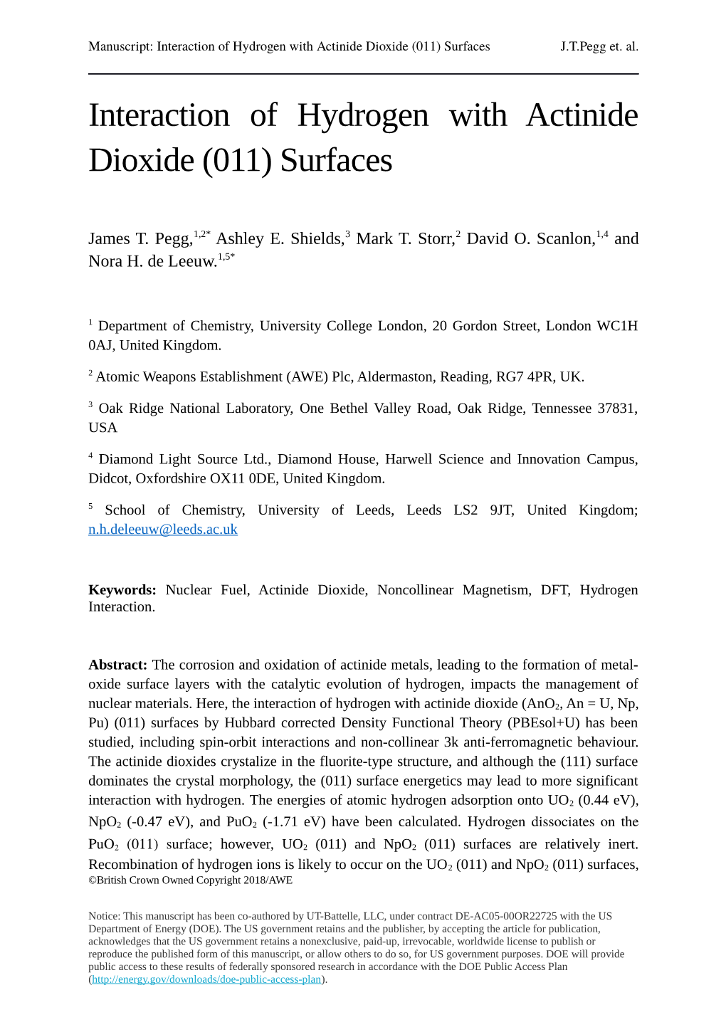 Interaction of Hydrogen with Actinide Dioxide (011) Surfaces J.T.Pegg Et