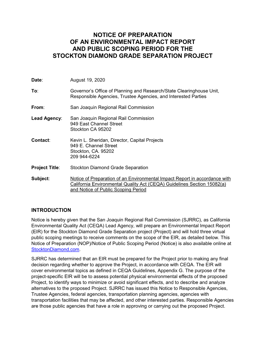 Notice of Preparation of an Environmental Impact Report and Public Scoping Period for the Stockton Diamond Grade Separation Project