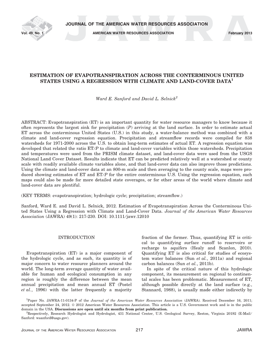 Estimation of Evapotranspiration Across the Conterminous United States Using a Regression with Climate and Land-Cover Data1