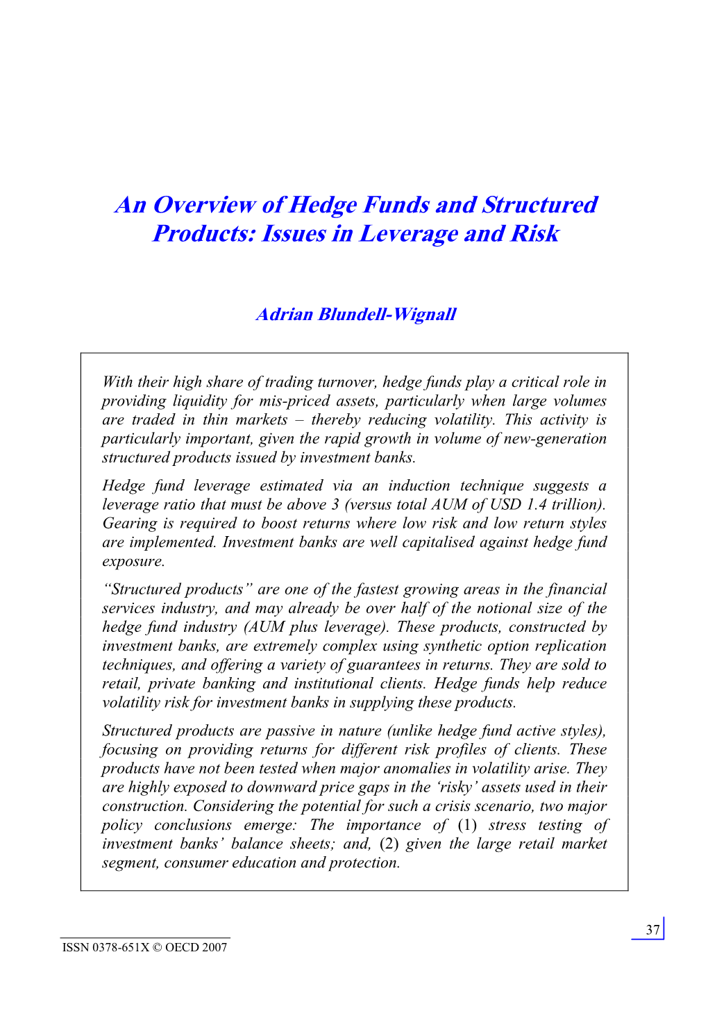 An Overview of Hedge Funds and Structured Products: Issues in Leverage and Risk