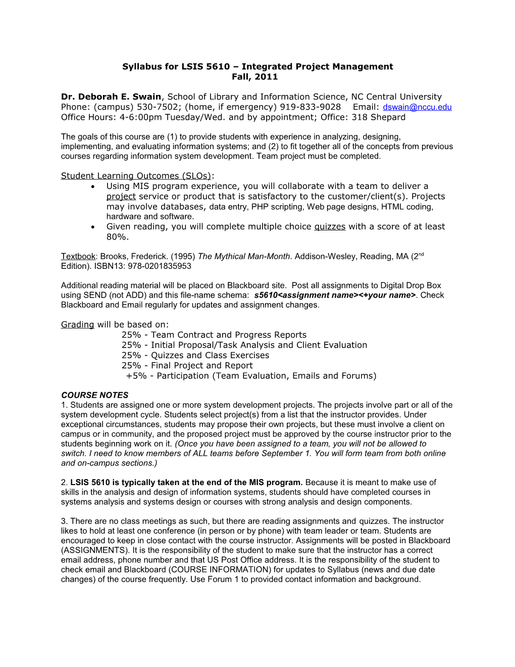 Syllabus for LSIS 5610 Integrated Project Management