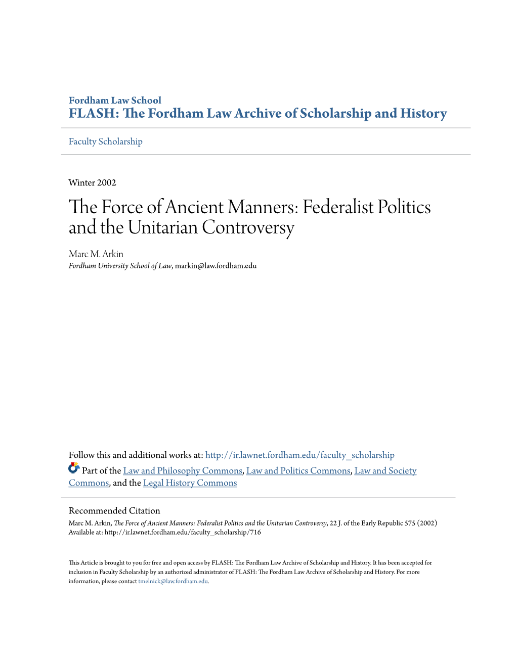 Federalist Politics and the Unitarian Controversy Marc M