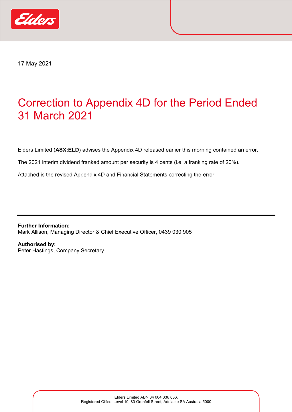 Correction to Appendix 4D for the Period Ended 31 March 2021