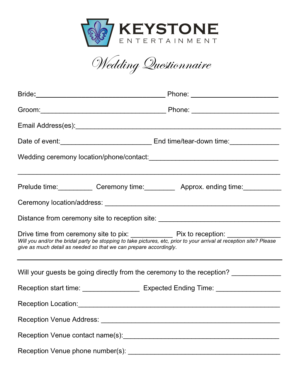 Wedding Reception Questionnaire Alexei Copperplate