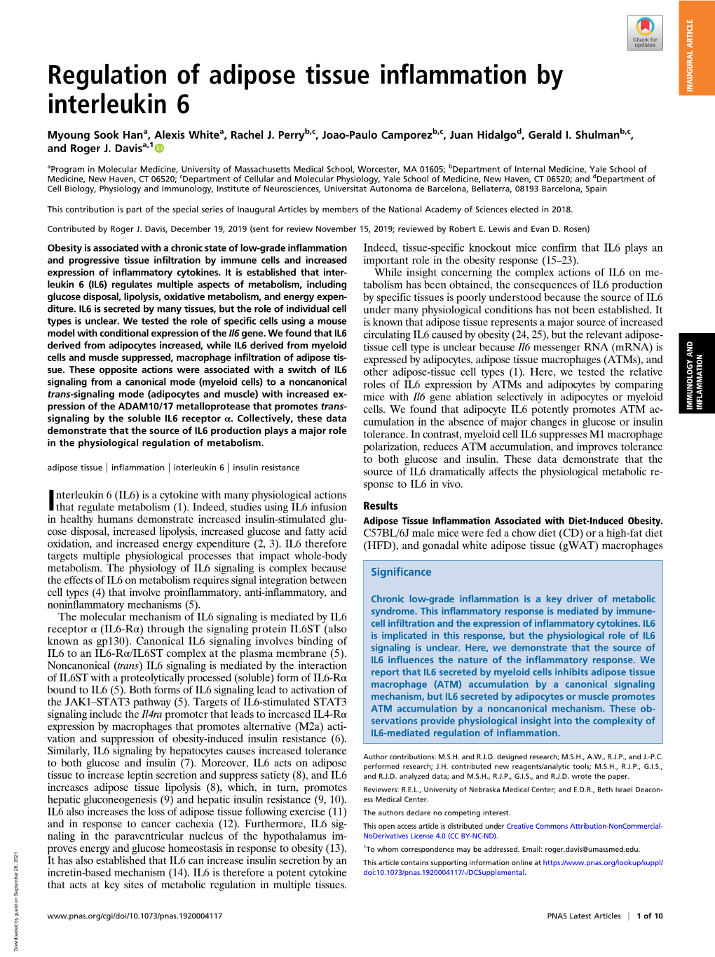 Regulation of Adipose Tissue Inflammation by Interleukin 6
