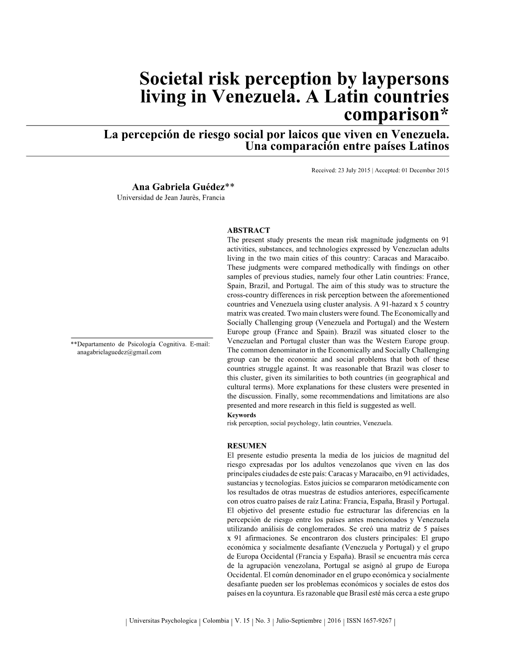 Societal Risk Perception by Laypersons Living in Venezuela