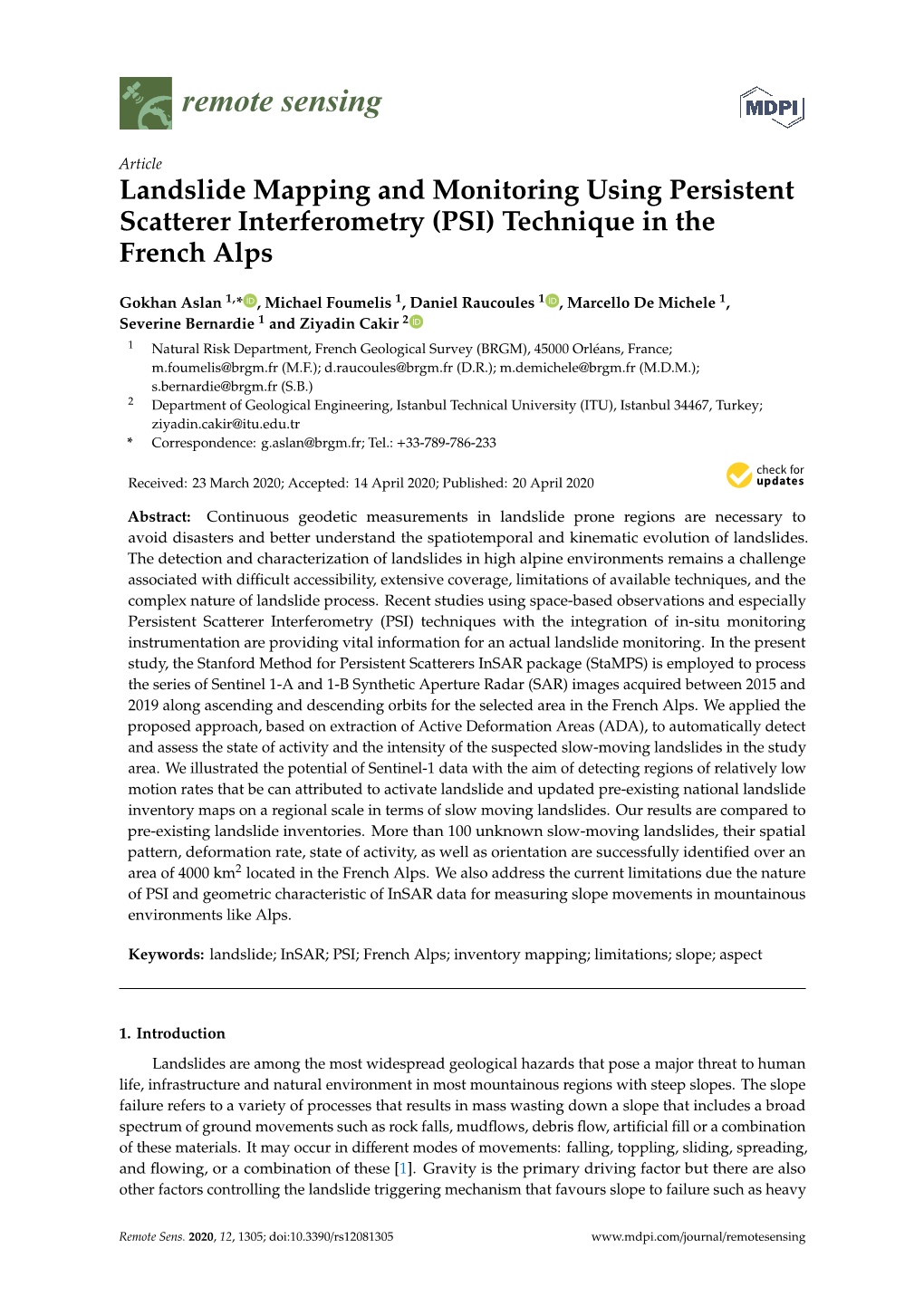 Landslide Mapping and Monitoring Using Persistent Scatterer Interferometry (PSI) Technique in the French Alps