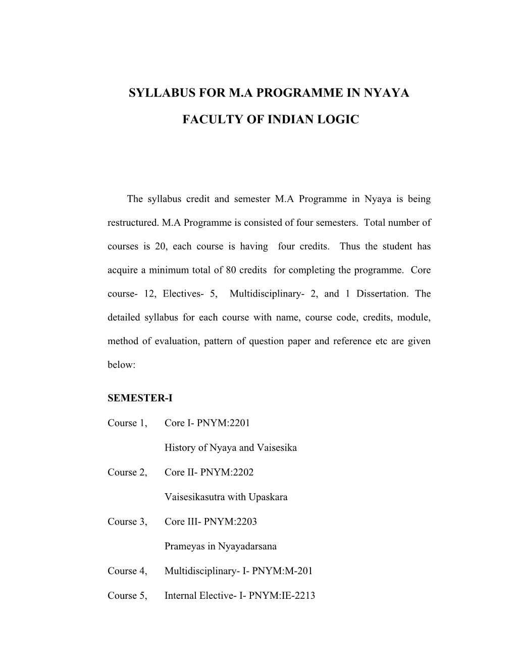 Syllabus for M.A Programme in Nyaya Faculty of Indian