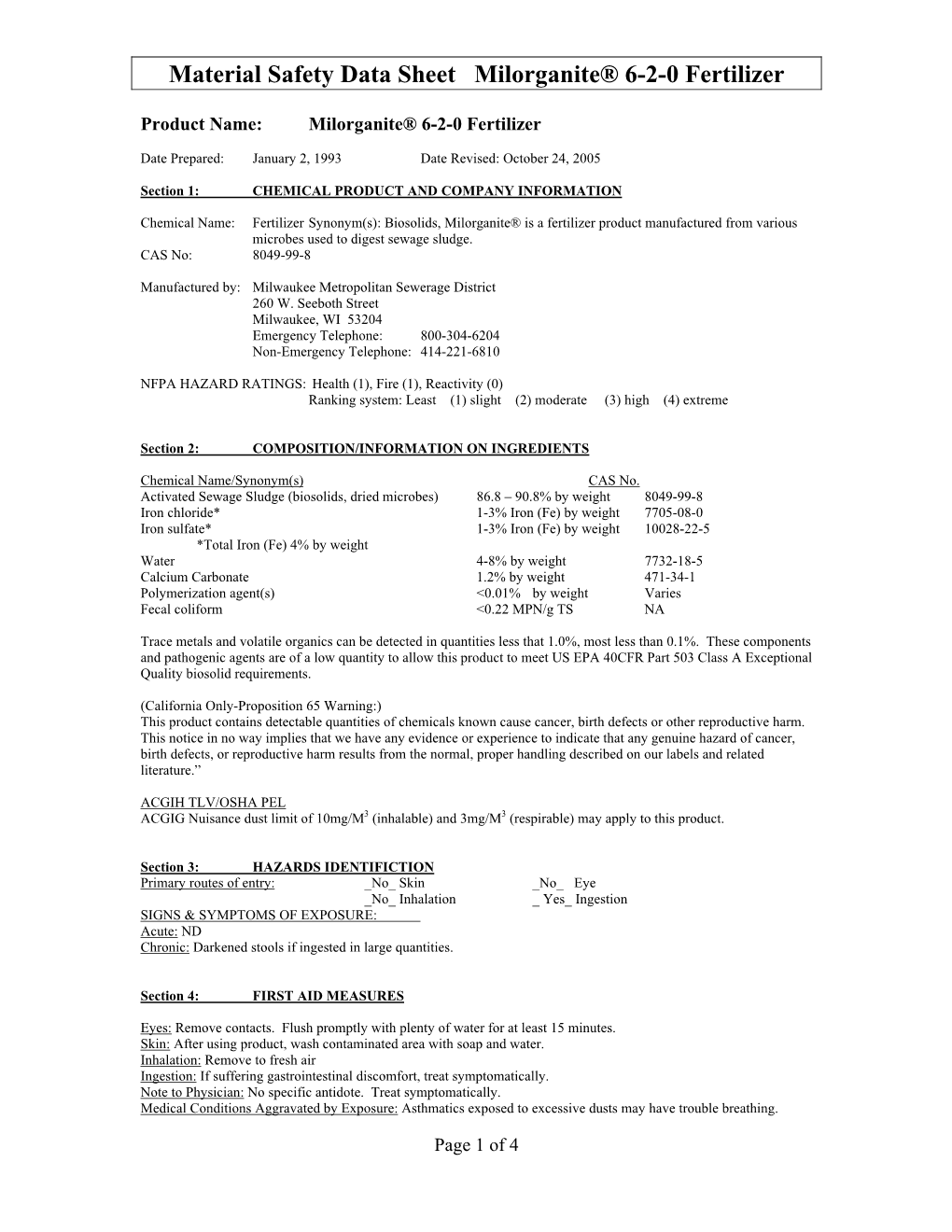 Material Safety Data Sheet Milorganite® 6-2-0 Fertilizer