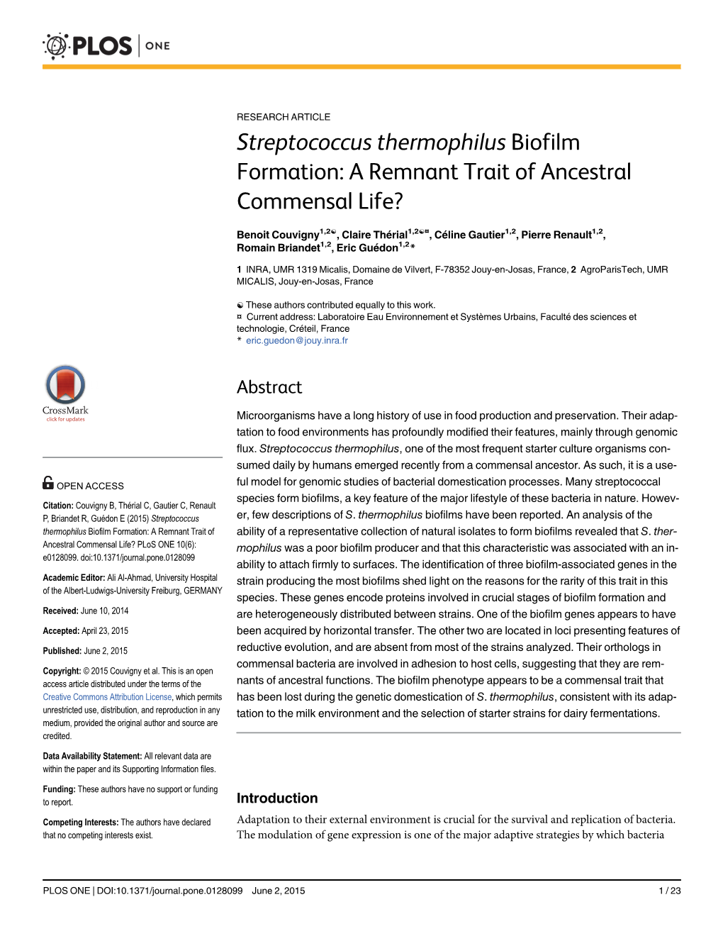 Streptococcus Thermophilus Biofilm Formation: a Remnant Trait of Ancestral Commensal Life?