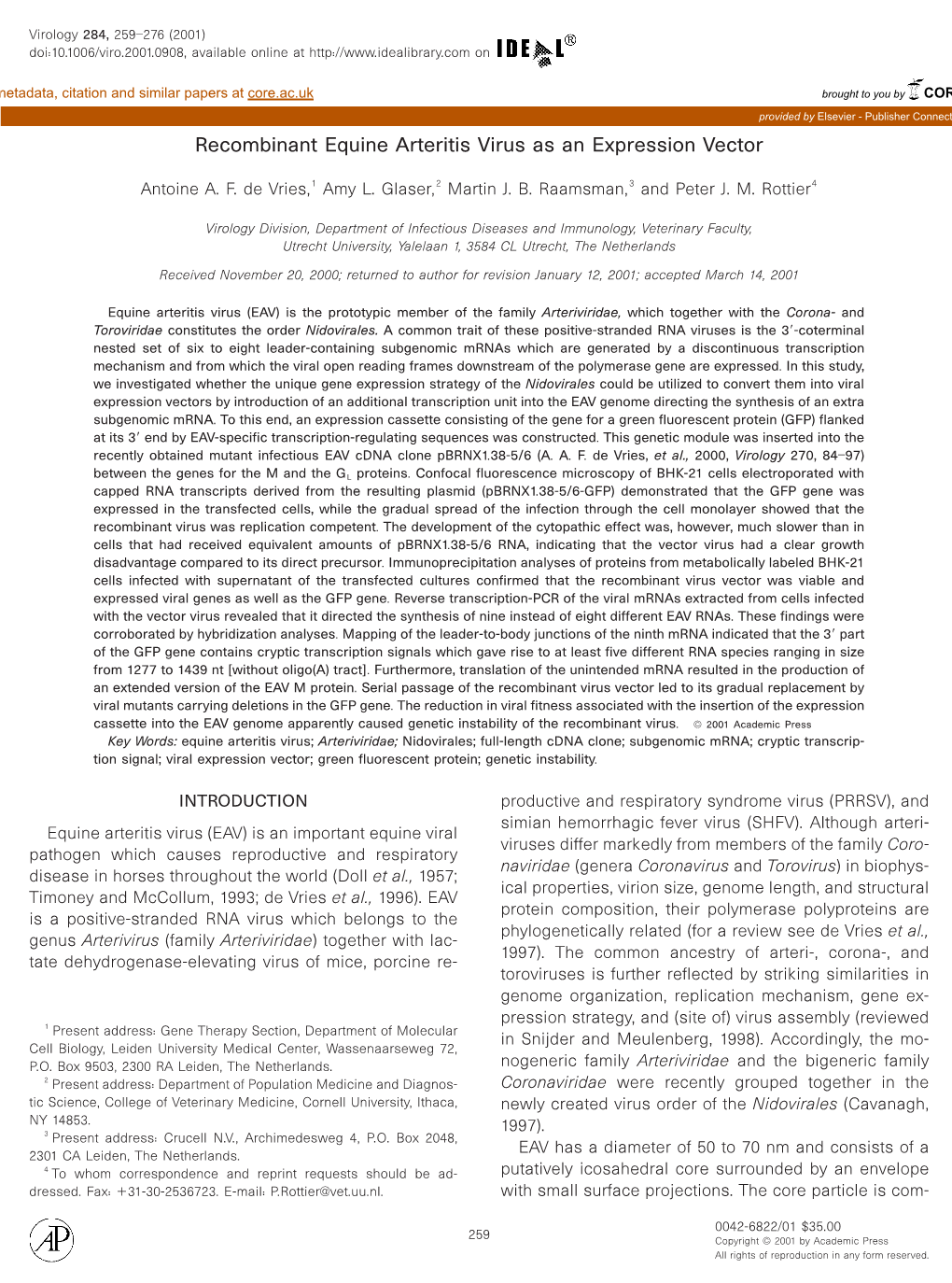 Recombinant Equine Arteritis Virus As an Expression Vector