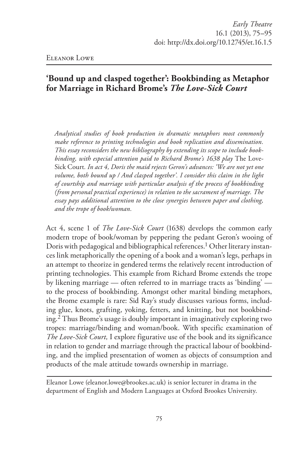 'Bound up and Clasped Together': Bookbinding As Metaphor for Marriage in Richard Brome's the Love-Sick Court