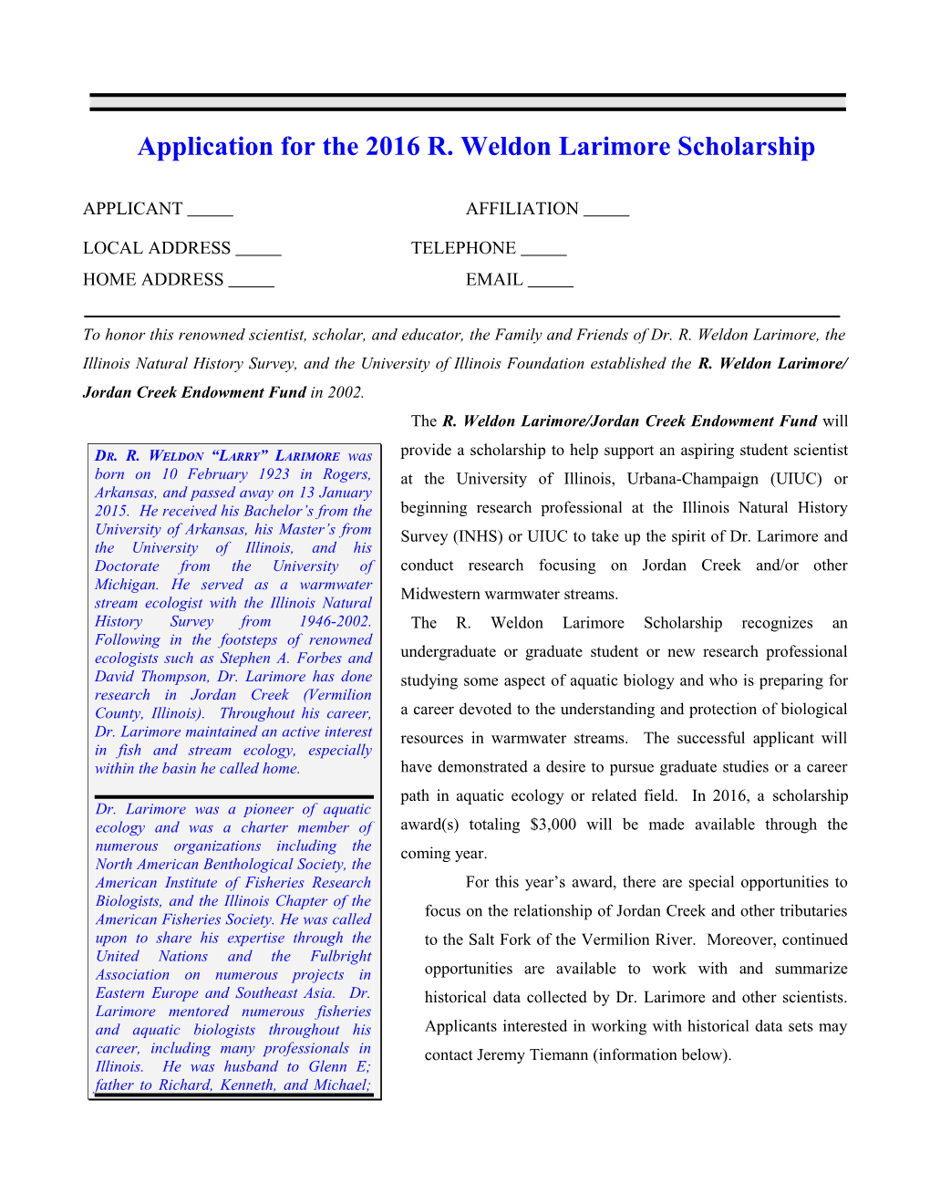 Application for the 2016 R. Weldon Larimore Scholarship