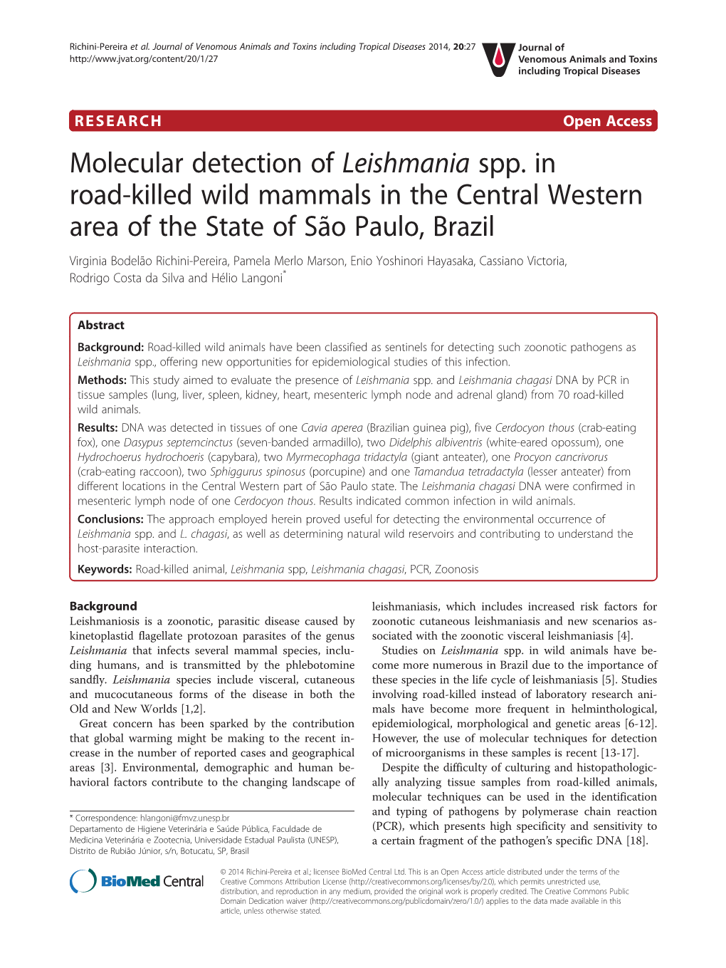 Molecular Detection of Leishmania Spp. in Road-Killed Wild Mammals In