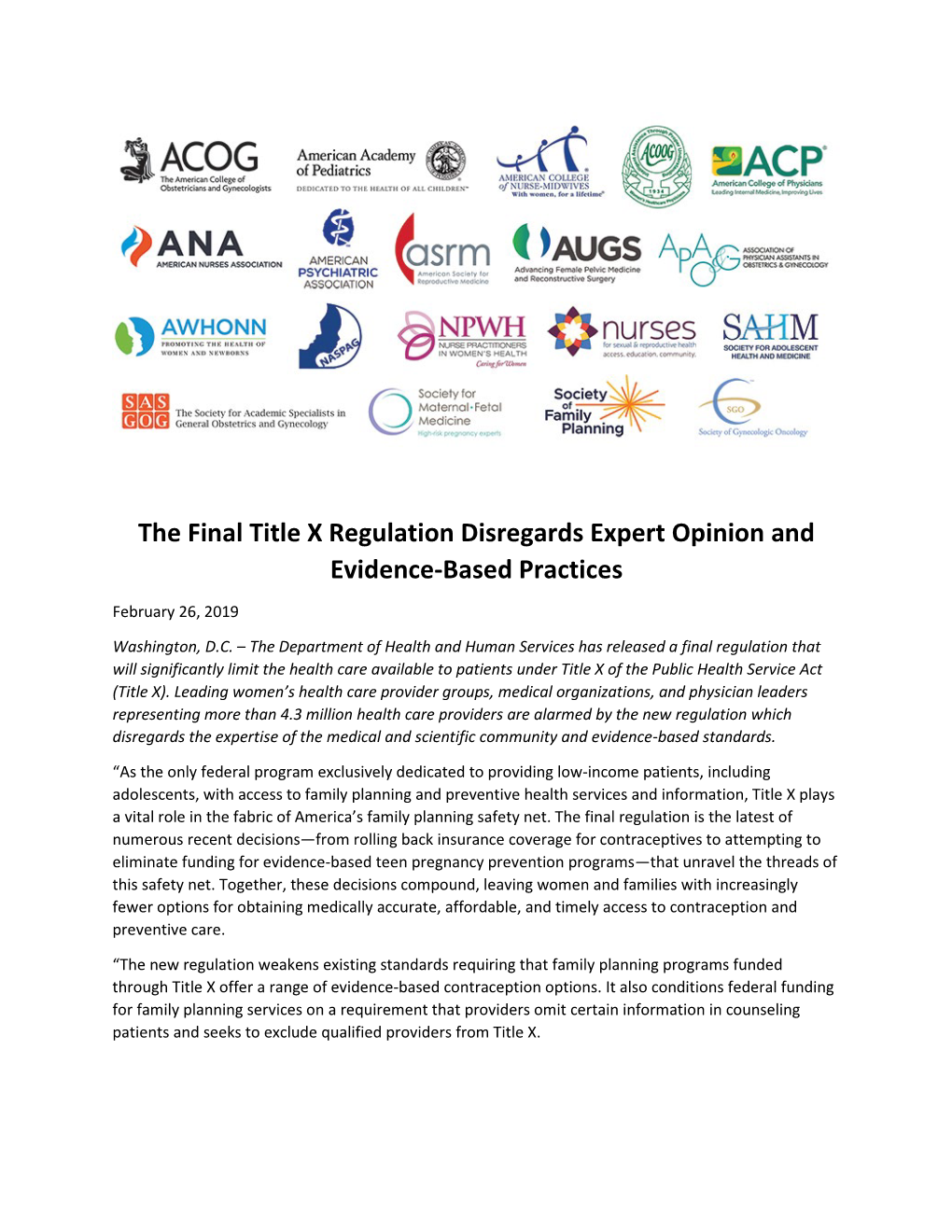 The Final Title X Regulation Disregards Expert Opinion and Evidence-Based Practices