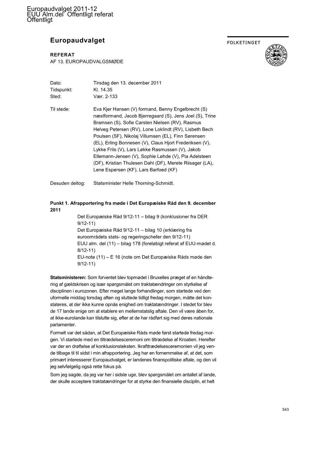 EUU Alm.Del Offentligt Referat : EUU Udvalgsmødereferat M 13, 13