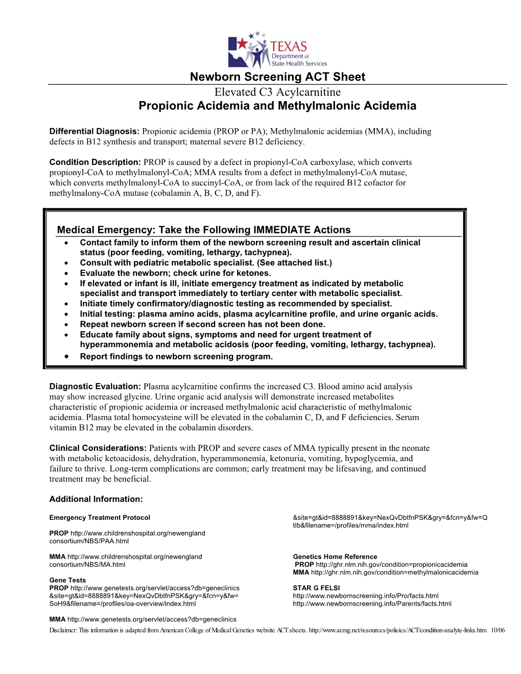 Newborn Screening ACT Sheet Elevated C3 Acylcarnitine Propionic Acidemia and Methylmalonic Acidemia