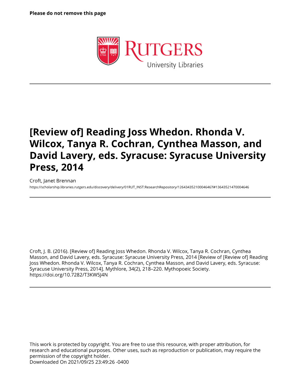 Reading Joss Whedon. Rhonda V. Wilcox, Tanya R. Cochran, Cynthea Masson, and David Lavery, Eds