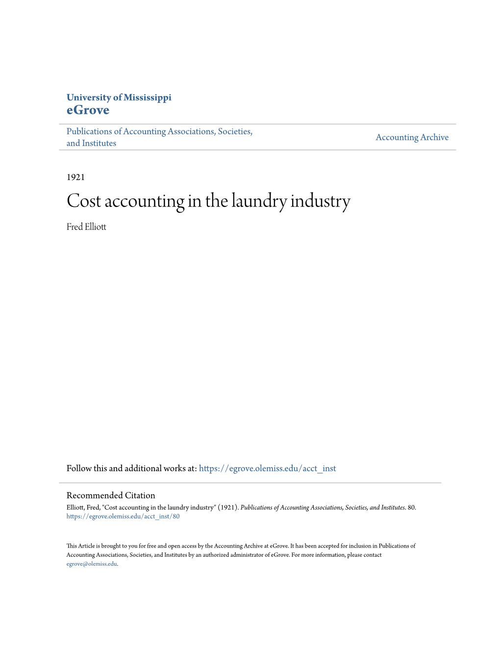 Cost Accounting in the Laundry Industry Fred Elliott